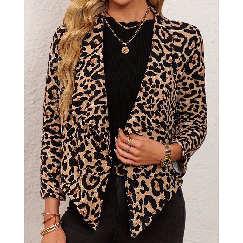 Women's Blazer Comfortable Print Fashion Outdoor Leopard Going out Casual Daily Weekend Cardigan Short Lapel Regular Fit Long Sleeve Outerwear Brown Spring Fall2