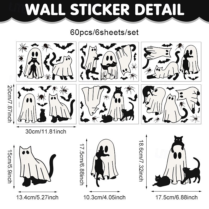 6 Sheet Halloween Ghost Window Clings, Cute White Ghosts, Black Cats, Bats, Spiders Static Glass Stickers, Removable Holiday Party Window Decorations3