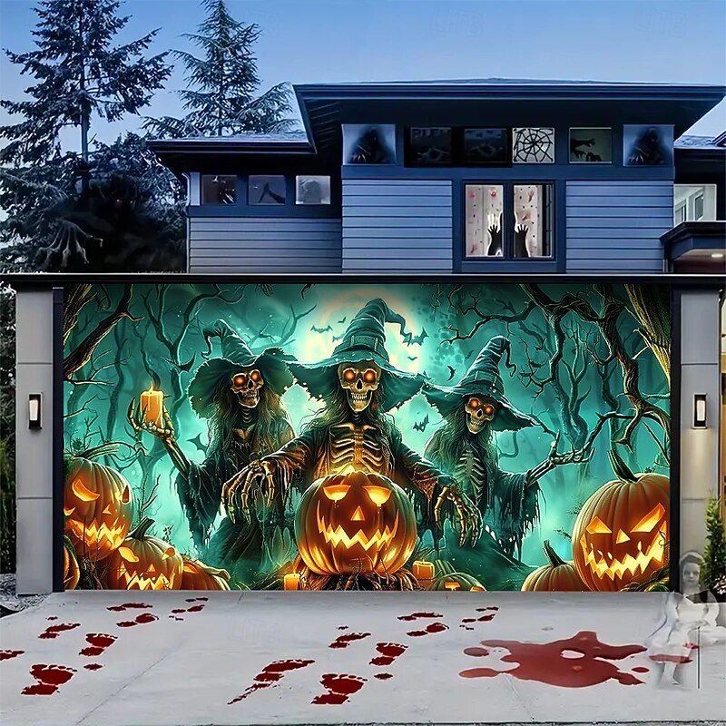 Halloween Garage Door Cover Skeleton Witches Banner with Glowing Pumpkin Lanterns Haunted Forest Moonlight Backdrop Tapestry for Spooky Outdoor Decoration2