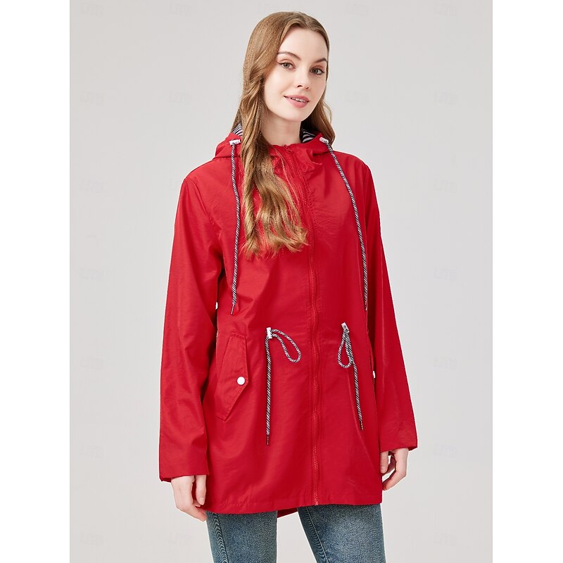 Women's Outdoor Waterproof Jacket Windbreaker Coat with Hood 2 Pockets Zipper Lined Adjustable Waist Strap Waterproof Camping Casual Jacket