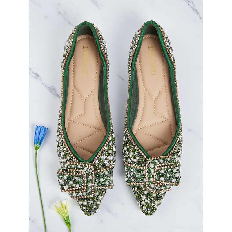 Women's Green Rhinestone Pearl Flats - Pointed Toe Slip-On Dress Shoes with Buckle Detail for Cocktail Parties & Evening Events