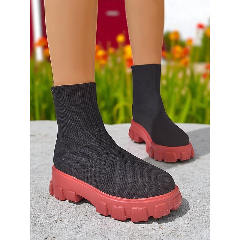 Women's Black Sock Boots with Chunky Red Soles – Stylish Stretch Knit Ankle Boots for Streetwear, Autumn & Winter Outfits2