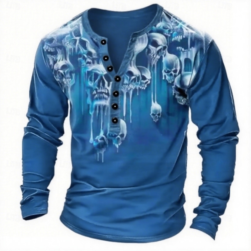 Men's Halloween Graphic Skull T Shirt Henley Shirt Tee Long Sleeve Vintage Designer Stylish Outdoor Halloween Casual Fall Winter Spring & Summer Black Blue Henley Henley T-Shirt4