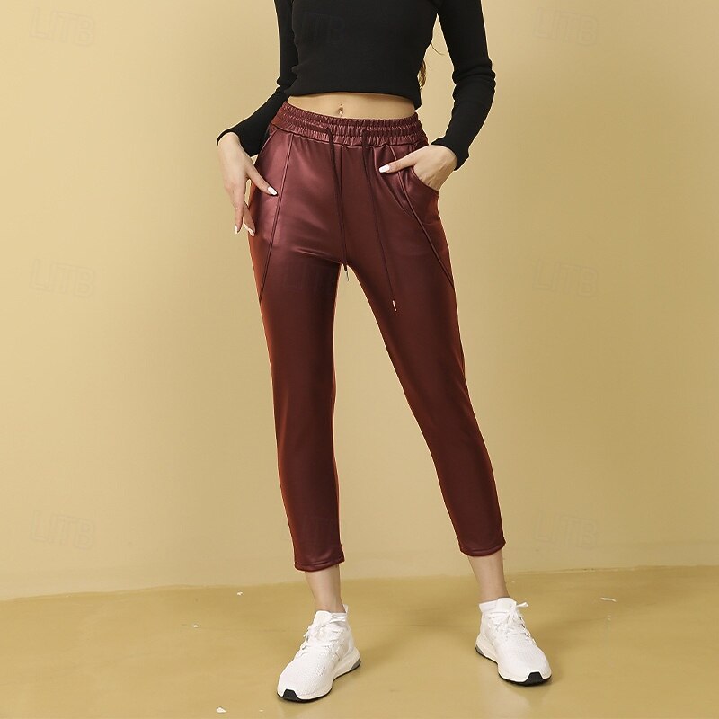 Women's Tights Leather Pants Faux Leather Leggings with Pockets Warm High Waist Gym Athletic Pilates Bottoms Solid Color Red Winter Sports Activewear2