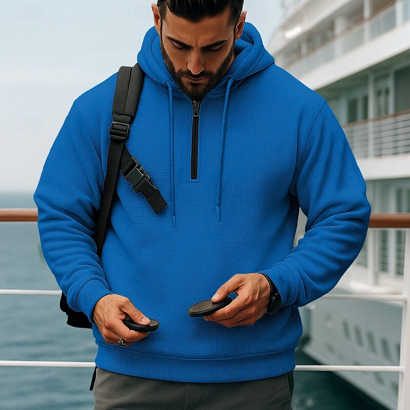 Men's Hoodie Pullover Hoodie Sweatshirt Quarter Zip Hoodie Black White Blue Khaki Gray Hooded Plain Textured Sports & Outdoor Casual Daily Streetwear Cool Sportswear Spring &  Fall Clothing Apparel4