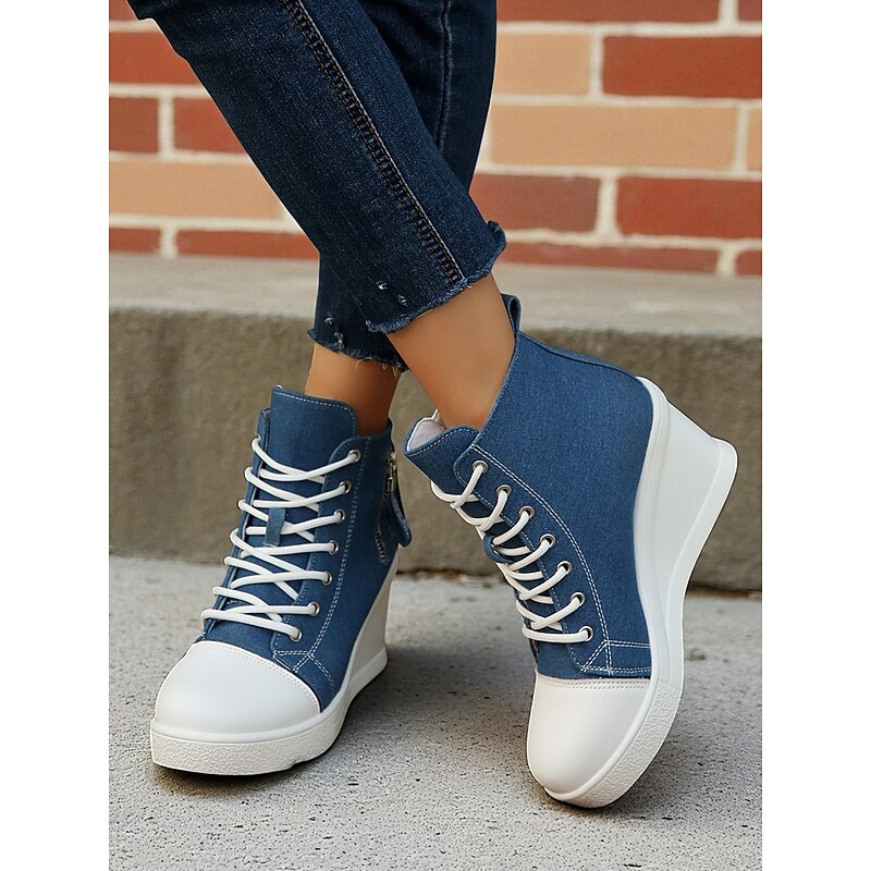 Women's Denim Wedge Sneakers with Lace-Up Front and Side Zipper, Casual High-Top Platform Shoes for Everyday Wear3