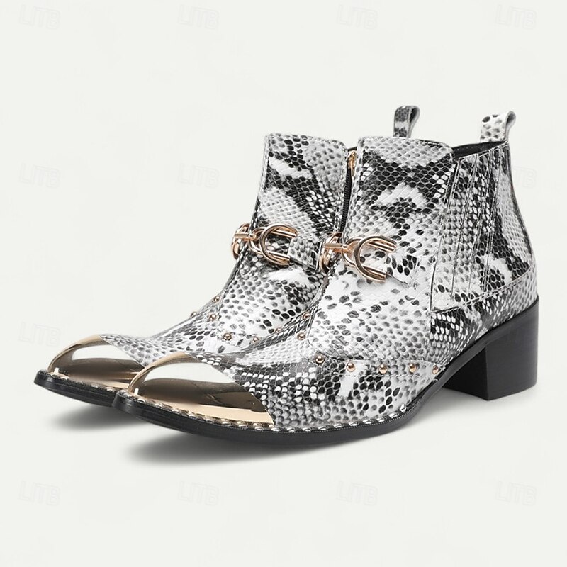 Men's Snakeskin Pattern Pointed Toe Ankle Boots – Exotic Cowhide Western-Inspired Dress Boots for Stage Performances, Parties and Night Out3
