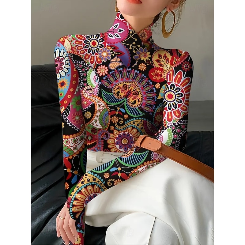Women's Tunic Floral Elegant Bohemia Vintage Long Sleeve Turtleneck High Neck Regular Tops Going out Black Fuchsia Green Fall Winter