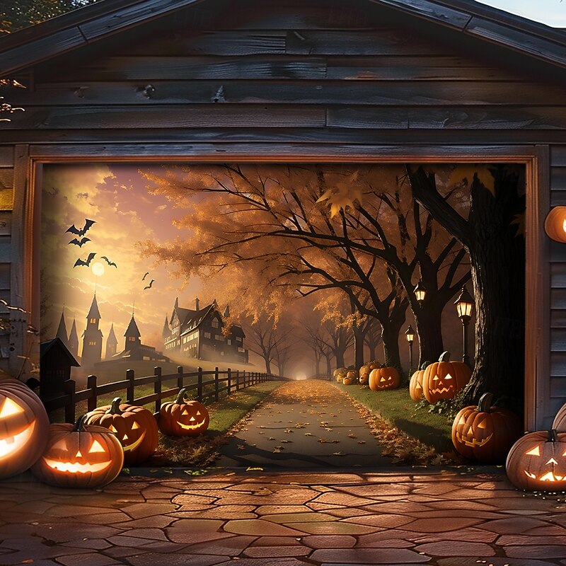 Halloween Tapestry Garage Door Cover Large Hanging Backdrop Pumpkin Forest Dark Punk Gothic Style Party Outdoor Shooting Backgrounds Front Door Home Decor2