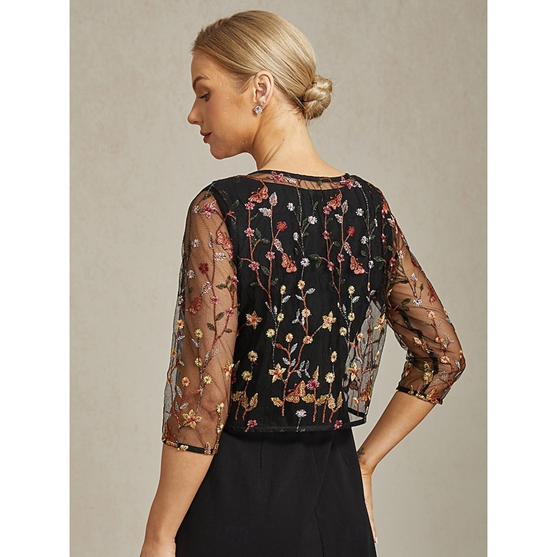 Women's Jacket Blazer Lace Embroidered Elegant Floral Formal Anniversary Party Wedding Guest Open Front Short Crewneck Regular Fit 3/4 Length Sleeve Outerwear Black Summer Spring2