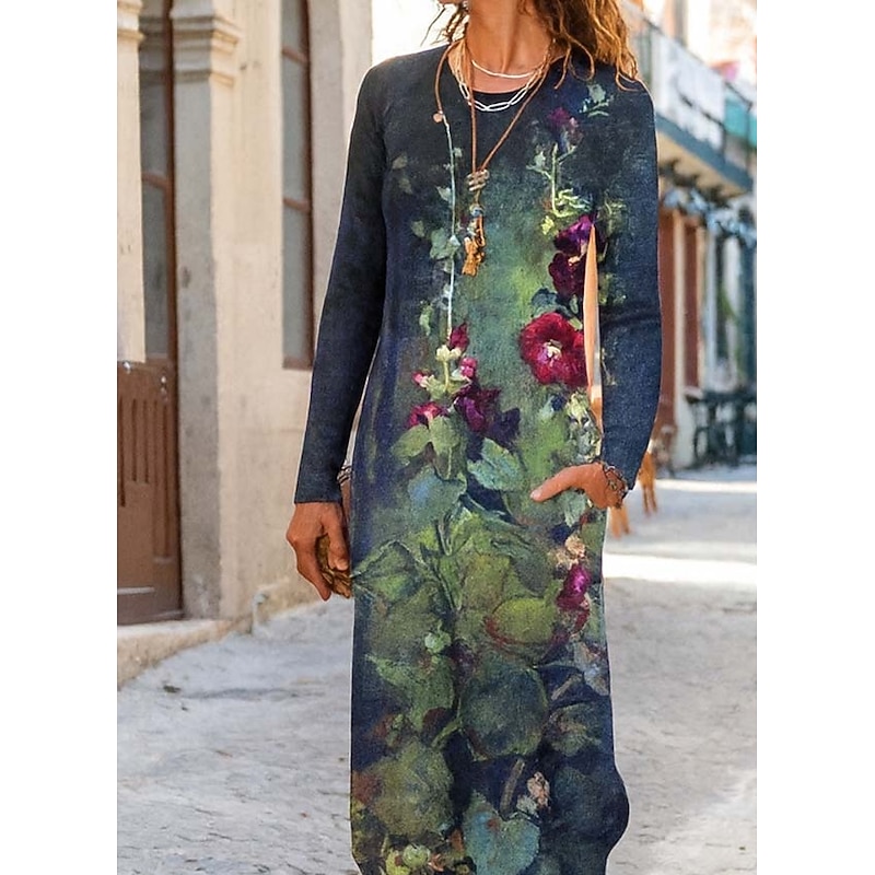 Women's Maxi Dress Sheath Dress T Shirt Dress Tee Dress Vacation Casual Daily Going out Loose Fit Floral Graphic Long Sleeve Crew Neck Purple Green Spring Fall Winter Autumn2