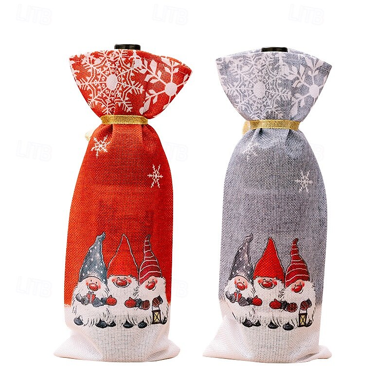2pcs Christmas Gnome Wine Bottle Covers, Rudolf and Forest Elder Snowflake Design Wine Bottle Bags, Festive Holiday Wine Bottle Sleeves3