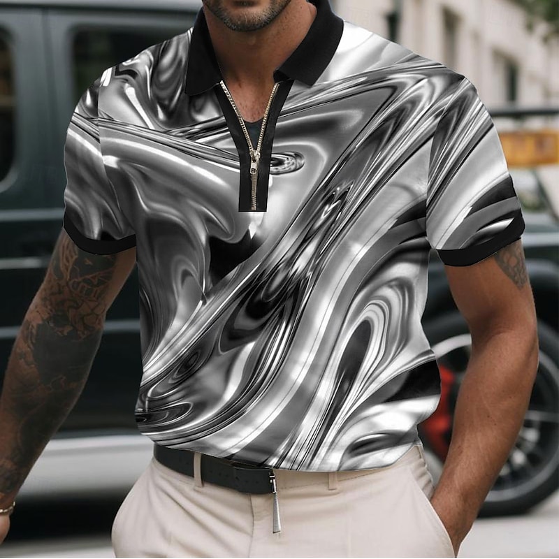 Men's Abstract Metallic Zip Polo Shirts Short Sleeve Polo Shirts Collared Shirts Casual Athleisure Daily Wear 3D Print Summer Pink Blue Green4