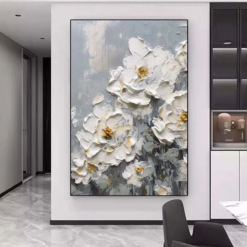 Handmade 3D white flower Oil Painting featuring Vibrant Floral Composition with White Peonies Showcasing Exquisite Impasto Technique and Rich Color Palette Perfect for Elegant Home Decor2