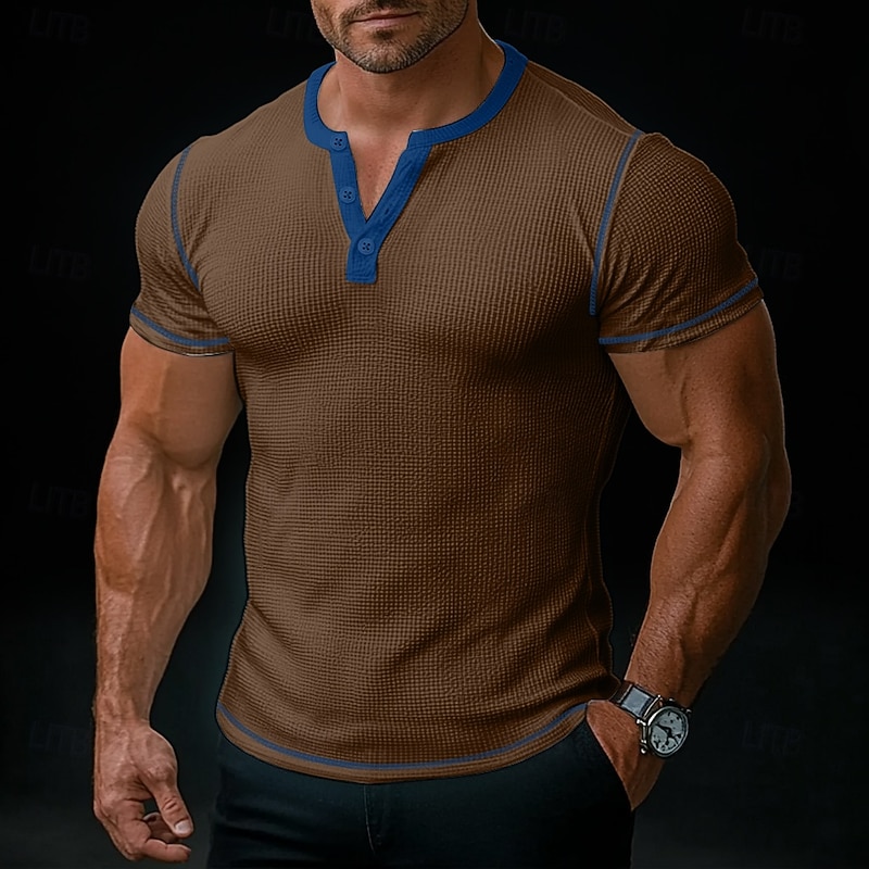 Men's Waffle Henley Shirt Tee Short Sleeve Henley Summer All Seasons Solid Color Fashion Designer Casual Patchwork Buttons Outdoor Casual Daily White Blue Yellow Top Tee for Men2