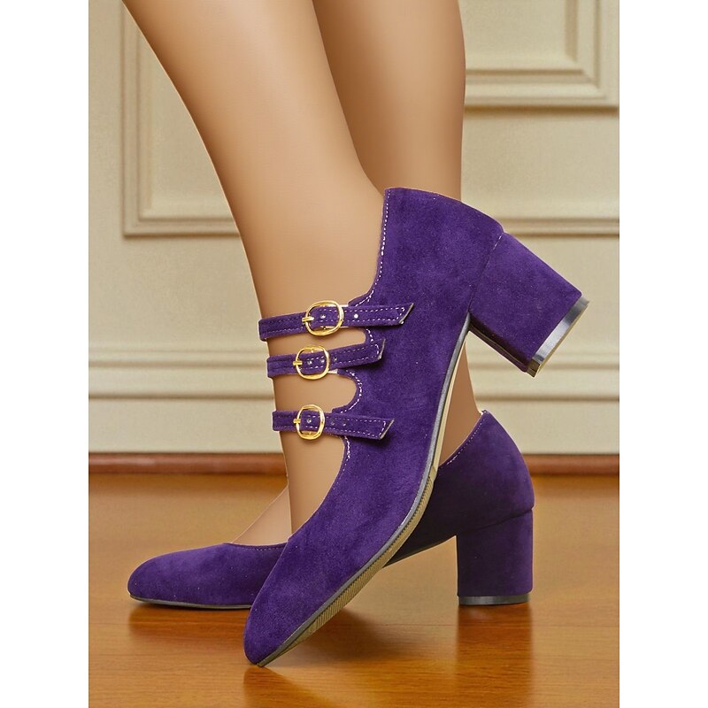 Women's Purple Suede Triple Strap Mary Jane Heels - Retro Chic City Shoes for Casual Outings, Work and Daily Commutes2