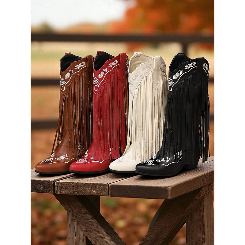 Women's Western Fringe Cowboy Boots – Brown Faux Leather Knee-High Boots with Embroidered Details, Retro Country Style for Rodeo, Fall Festivals & Farm Fashion