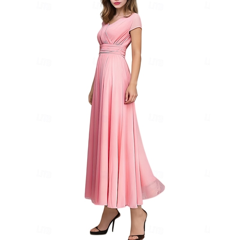 Women's Maxi long Dress Boho Wedding Guest Dress Elegant Stylish Regular Fit Plain Short Sleeve V Neck Black White Yellow Light Green Summer Spring4