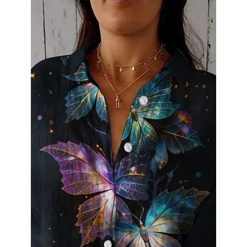 Women's Shirt Butterfly Daily Casual Long Sleeve Shirt Collar Regular Tops Daily Holiday Buttons Print Navy Blue Summer Spring Fall2