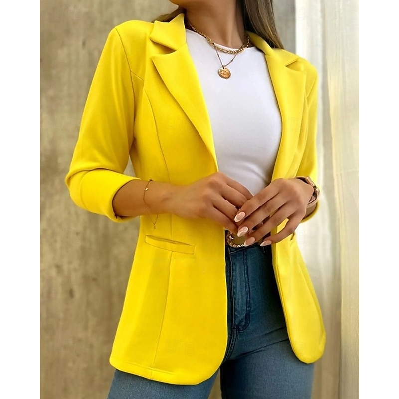 Women's Blazer Comfortable Pocket Elegant Fashion Outdoor Plain Going out Casual Daily Weekend Cardigan Regular Lapel Regular Fit Long Sleeve Outerwear White Yellow Light Green Spring Fall