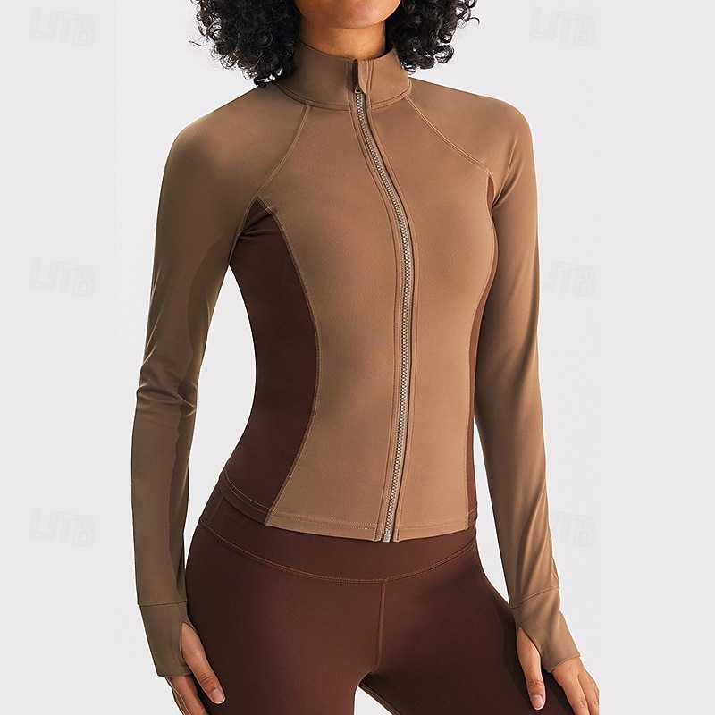 Women's Workout Jacket Lightweight with Thumbholes Long Sleeve Sports Color Block Top For Gym Athletic Running Slim Activewear2