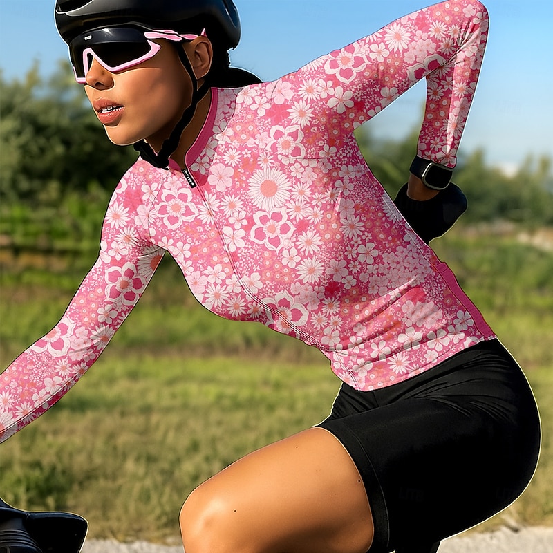 Women's Cycling Jersey Floral Graphic Long Sleeve Bike Jersey Top with 3 Rear Pockets Sunscreen UV Resistant Quick Dry Reflective Strips Sports Pink Clothing Apparel