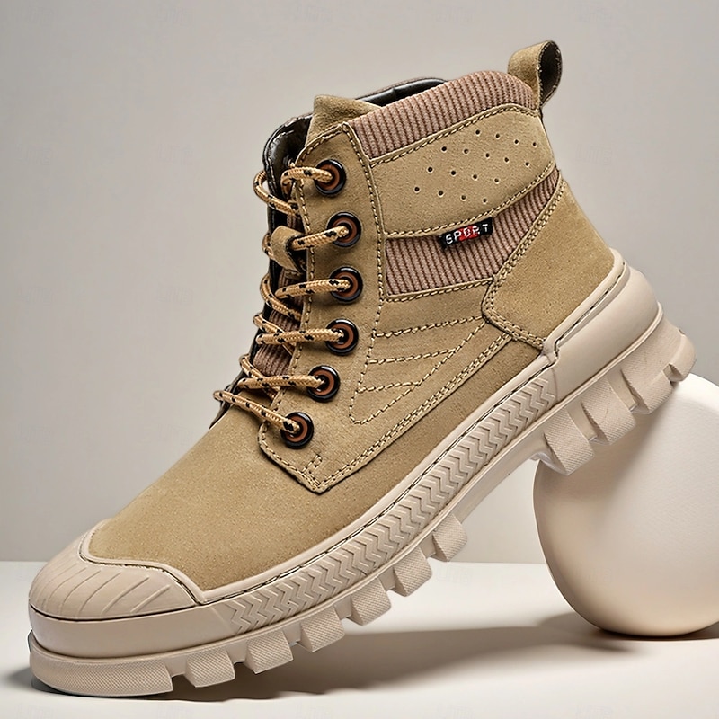 Men's Khaki Ankle Hiking Boots with Thick Rubber Outsole – Breathable Durable Outdoor Footwear for Mountain Climbing, Work and Adventure Travel