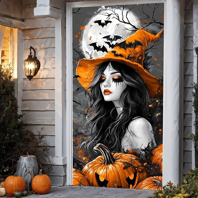 Halloween Door Cover – Gothic Witch with Pumpkins and Bats, Haunted House Entrance Banner, Spooky Outdoor 2025 Halloween Decoration for Bedroom, Living Room, Bathroom