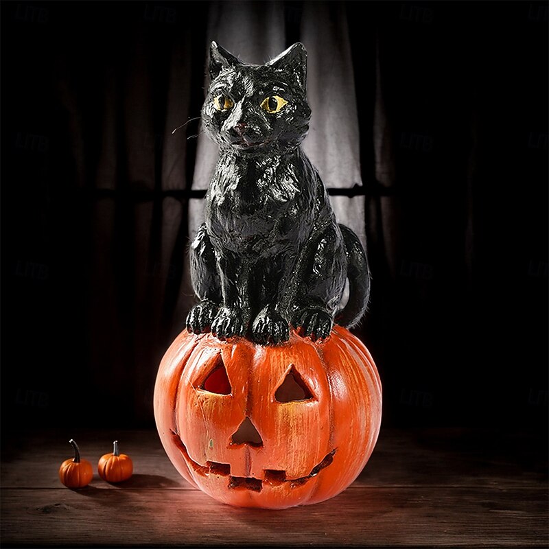Halloween Resin Black Cat Sitting Figurine, Cute Hand-Painted Animal Decor, Handmade Craft Ornament for Home, Garden & Indoor Decoration