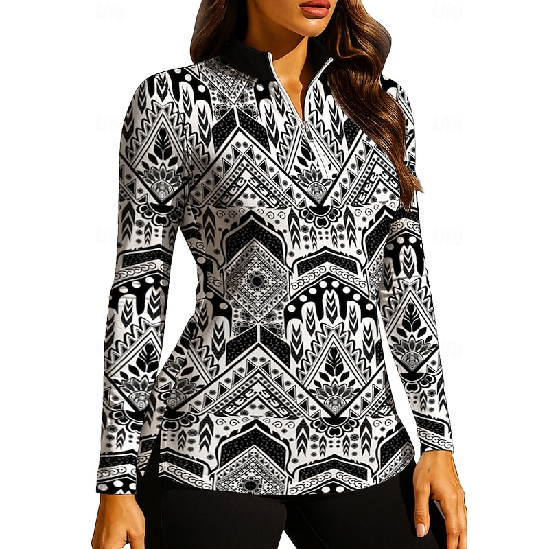 Women's Geometric Reactive Print Boho Tops Golf Polo Shirt Tennis Shirt Long Sleeve Print Quarter Zip Pullover UV Protection Elastic Breathable Tennis Golf Pickleball Zip Collar Shirt Polo Black White3