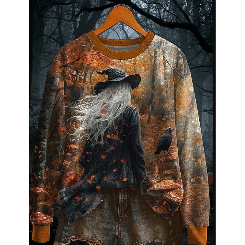 Halloween Women's Sweatshirts Witch Graphic Fashion Casual Long Sleeve Crew Neck Regular Tops Street Dailywear Casual Print White Pink Blue Purple Orange Fall Winter2