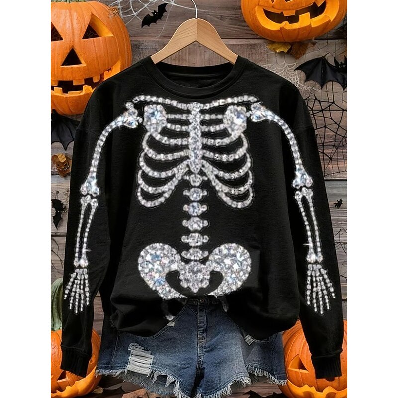 Halloween Women's Pullover Sweatshirt Pumpkin Graphic Skull Fashion Casual Long Sleeve Crew Neck Regular Tops Street Dailywear Casual Print Black Yellow Dark Gray Fall Winter2