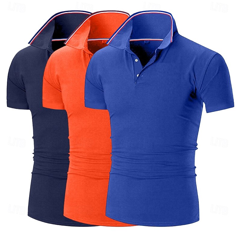 3PCS Men's Golf Shirt Pique Polo Shirt Business Casual Ribbed Polo Collar Short Sleeve Fashion Basic Solid Color Plain 3Piece Buttons Summer Spring Fall All Seasons Slim Fit white blue Golf2