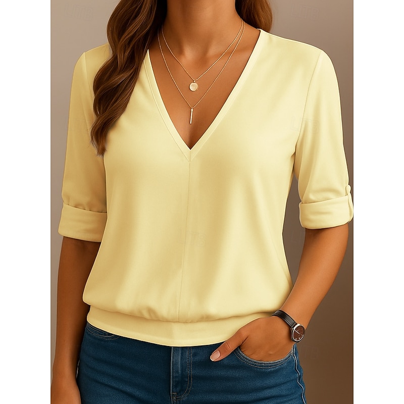 Women's Blouse Plain Casual Long Sleeve V Neck Regular Tops Daily Sports Buttons White Yellow Blue Green Spring, Fall, Winter, Summer2