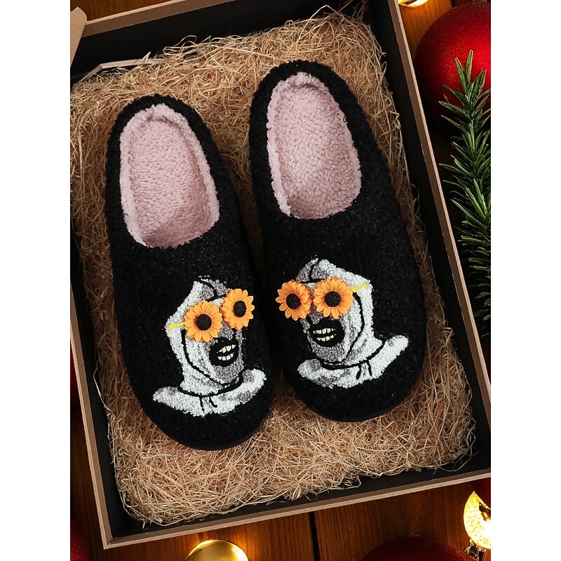 Women's Halloween Slippers - Black Plush Indoor Mules with 3D Sunflower and Ghost Embroidery, Cozy Warm Style for Fall Home Wear and Spooky Season Parties4