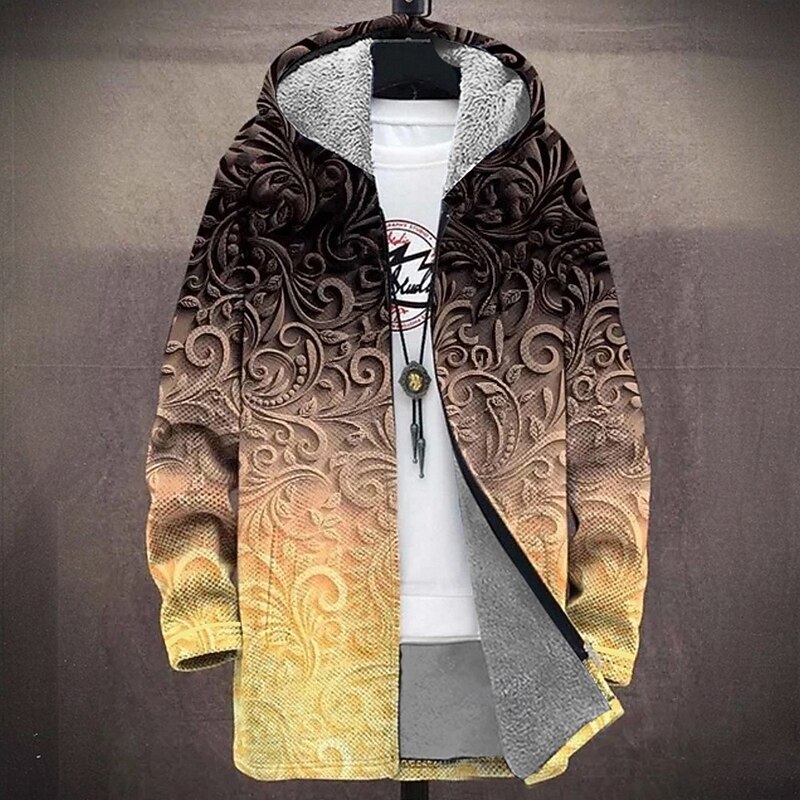 Men's Graphic Winter Coat Fleece Jacket Coat Thermal Warm Comfortable Casual Daily Wear Zipper Pocket 3D Print Fall Winter Hooded Long Sleeve Blue Orange Brown