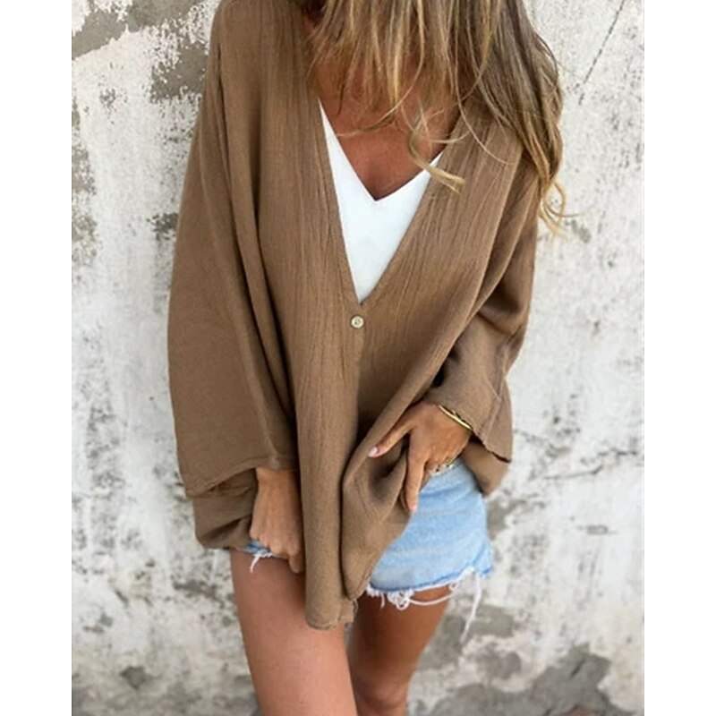 Women's Texture Blouse Blouse Plain Modern Casual Long Sleeve V Neck Regular Tops Daily Holiday Buttons Black Orange Brown Green Dark Gray Fall2