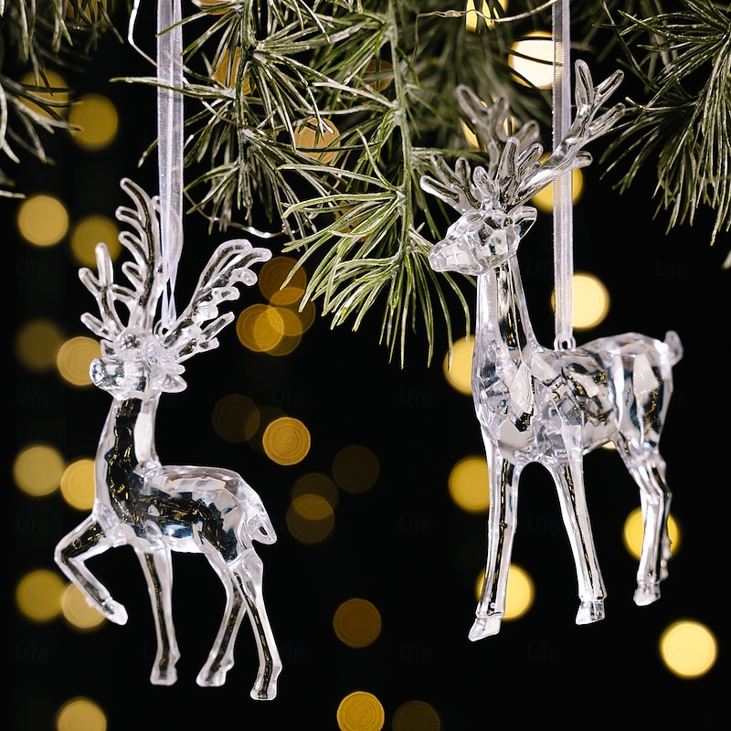 2PCS Christmas Crystal Reindeer Ornaments, Acrylic Transparent Reindeer Hanging Decorations, Christmas Tree Hanging Pendant Figurines for Holiday Party Home Decor