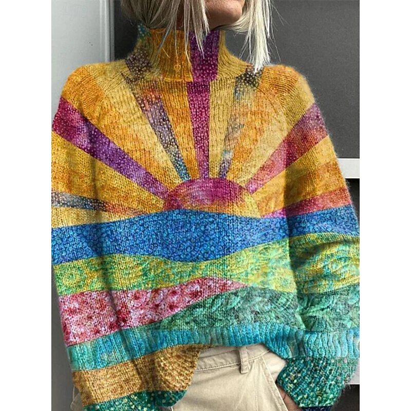 Women's Pullover Vacation Daily Geometric Color Block Ribbed Turtleneck Print Long Sleeve Regular Tops Knit Outdoor Daily Holiday Yellow Purple Fall Winter2