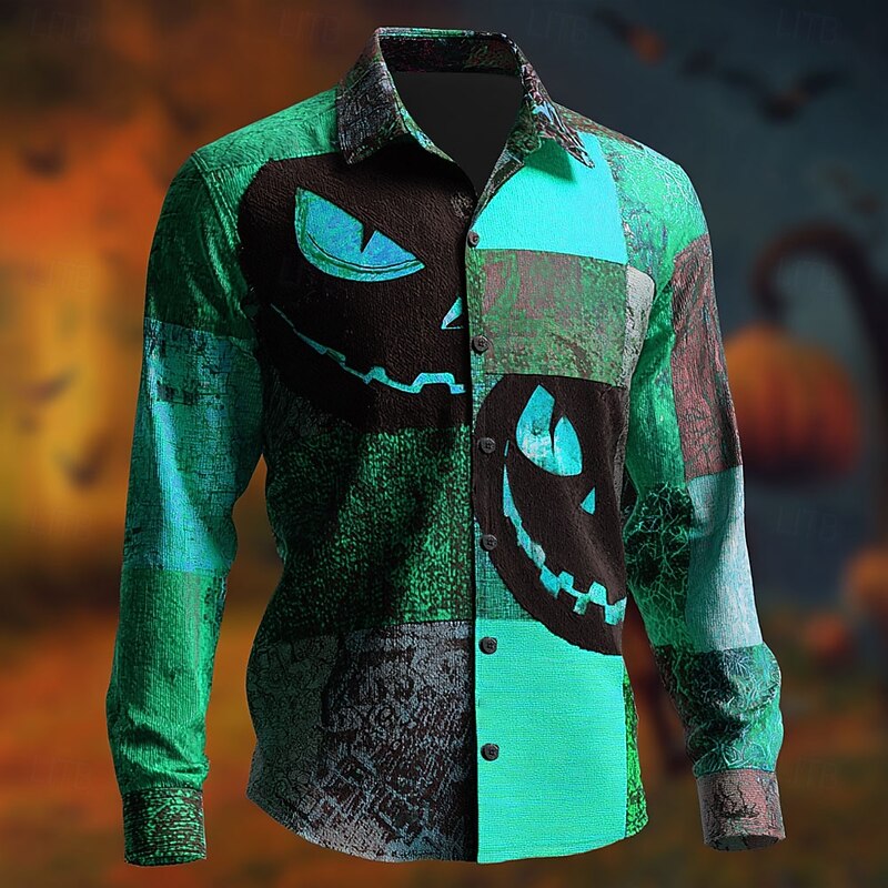 Halloween Men's Color Block Pumpkin Patchwork Shirt Button Up Shirt Long Sleeve Dark Gothic Style Holiday Streetwear Summer Spring Turndown 3D Print Collared Shirts Blue Purple Orange Green4
