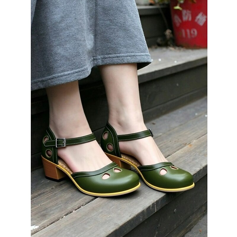 Women's Vintage Green Mary Jane Faux Leather Heels with Cutout Design and Adjustable Strap – Comfortable Retro Block Heel Shoes for Casual and Formal Occasions