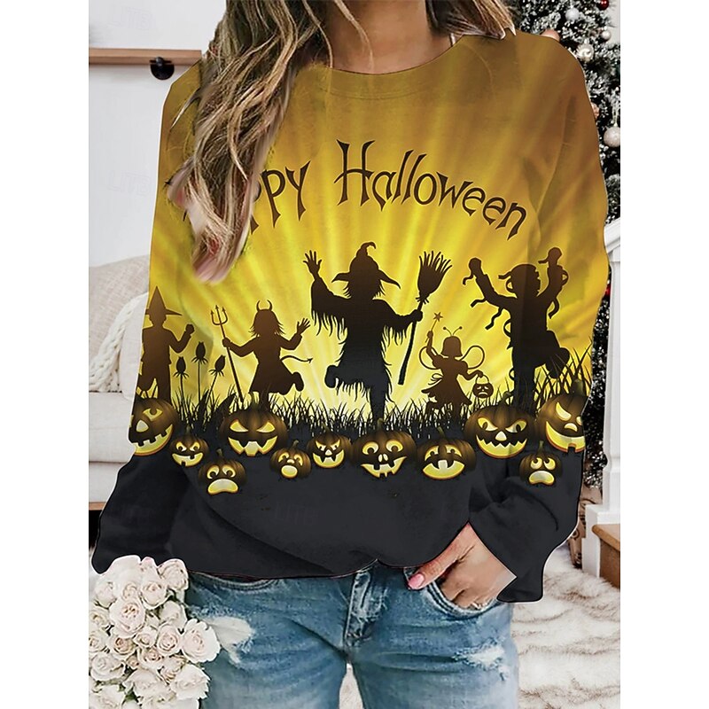 Halloween Women's Pullover Sweatshirt Hoodies Pumpkin Graphic Fashion Casual Long Sleeve Crew Neck Regular Tops Street Dailywear Print Yellow Blue Orange Spring Fall Winter3