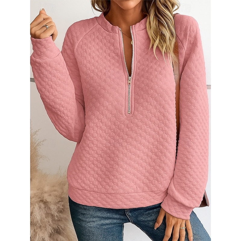 Women's Blouse Solid Color Daily Stylish Casual Long Sleeve Crew Neck Regular Tops Work Daily Holiday Quarter Zip Black White Pink Grey Spring Fall Winter4