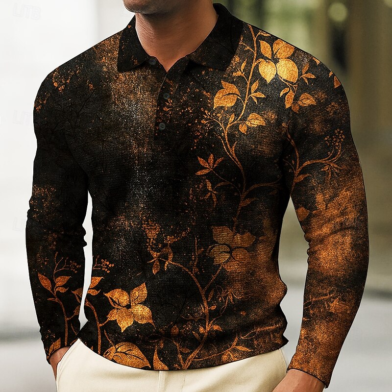 Men's Floral Waffle Polo Shirts Long Sleeve Polo Shirts Collared Shirts Casual Athleisure Daily Wear Buttons Spring Fall Winter Black Blue Green2