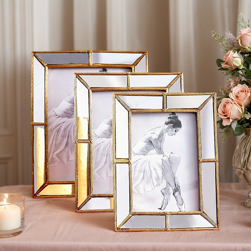 Minimalist Gold Frame Resin Photo Frame – Mirror Glass Inlay Decorative Desktop Picture Frame, Dual Orientation for Bedroom, Study, Office Décor