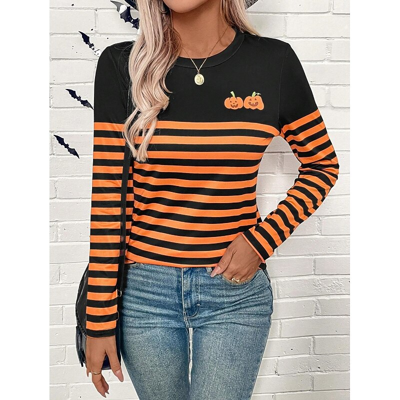 Halloween Women's T shirt Crew Neck Long Sleeve Tunic Graphic Geometric Pumpkin Vintage Stylish Classic  Round Neck Regular Tops Daily Print Black Orange Spring Fall