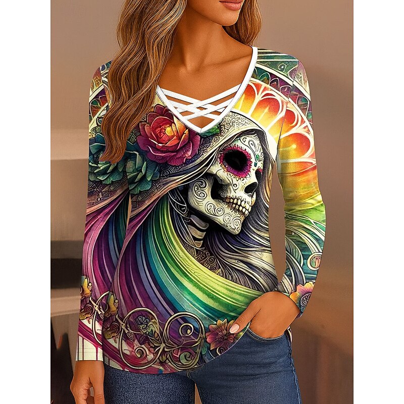 Halloween Women's T Shirt Skulls Graphic Vintage Stylish Classic Long Sleeve V Neck Regular Tops Daily Cut Out Print Pink Blue Orange Gray Spring Fall