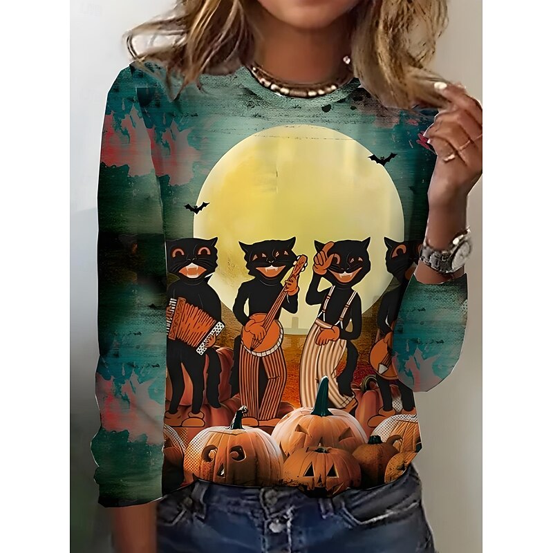 Halloween Women's T shirt Witch Crew Neck Long Sleeve Tunic Graphic Skull Cat Vintage Stylish Round Neck Regular Tops Daily Print Yellow Blue Orange Green Fall Winter3