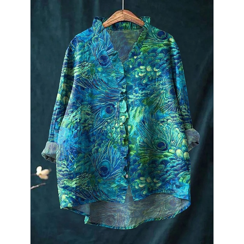 Women's Boho Shirt Graphic Animal Elegant Bohemia Active Long Sleeve Regular Tops Daily Holiday Going out Ruffle Blue Green Light Blue Summer Spring Fall