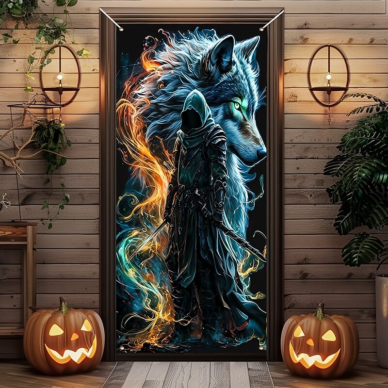 Halloween Door Cover Outdoor Banners Grim Reaper Wolf Fantasy Psychedelic Dark Punk Gothic Style Party Outdoor Shooting Backgrounds Front Door Wall Porch Home Decor2